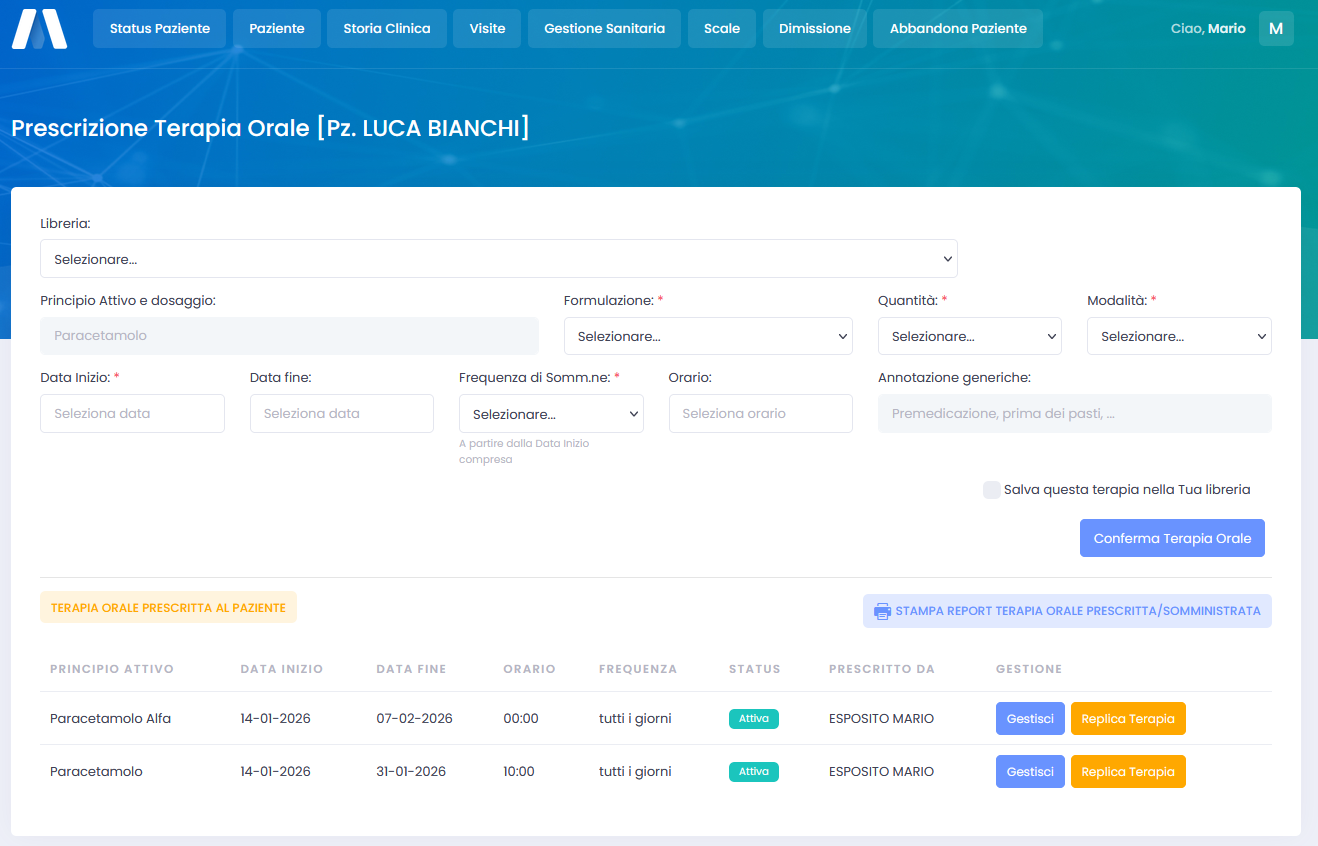 Gestione della prescrizione della terapia orale in WebKlinic