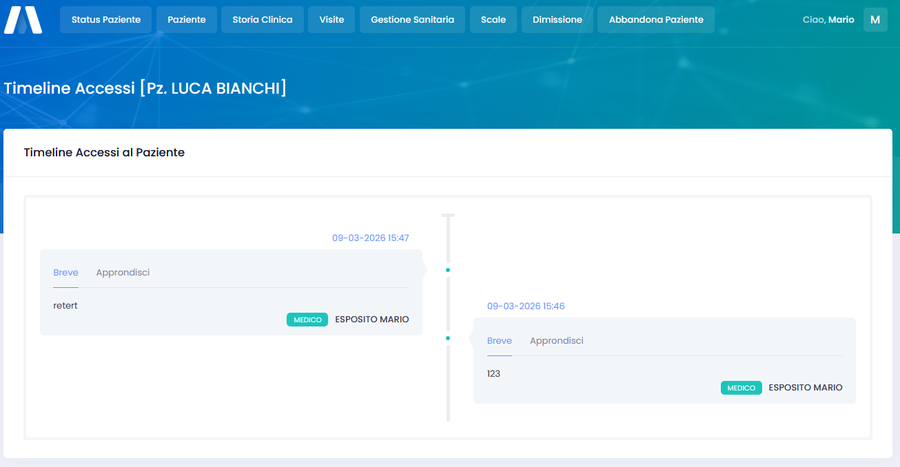 Timeline cronologica degli accessi del paziente in WebKlinic